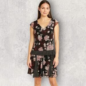 Jonathan Martin Size 16 Floral Polka Dot Drop Waist Midi Dress Black Pink Red